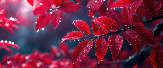 Macro shot of vibrant red leaves with water droplets in a soft focus background showcasing nature's beauty and detail.