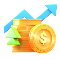 3d illustration of economic growth, illustration of a pile of gold coins 