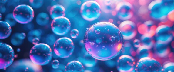 Colorful abstract bubbles floating in a vibrant background with blue and pink tones reflecting light and creating a dreamy atmosphere
