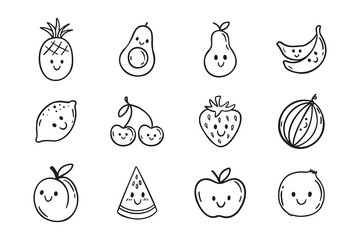 Fruits funny characters with a smile doodle hand drawn icon set. Different variable fruits happy smiling drawing clipart outline element.