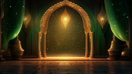 Obraz premium A mystical golden archway beckons, inviting passage into a secret emerald palace bathed in warm, glowing light, promising untold wonders within.