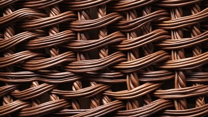 Brown braided wicker texture close-up showcasing intricate weaving patterns and natural hues for decorative or design use.