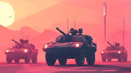Retro-style military convoy, armored vehicles on a desert road, vibrant sunset backdrop, ideal for themes of adventure and strategy.
