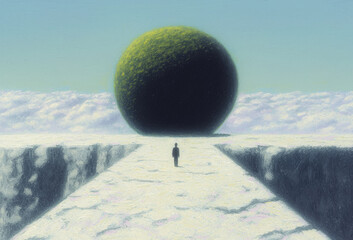 Man thinking about problem. lone figure walks towards massive, mysterious sphere on surreal, cloudy landscape, evoking sense of determination and balance amidst chaos