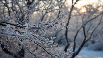 Frost-laden branches glistening in sunlight creating a serene winter landscape with nature's delicate beauty on display.