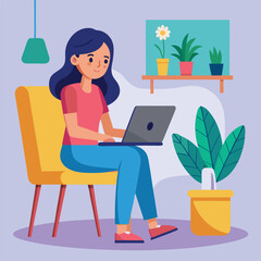 a girl is using his laptop vector	
