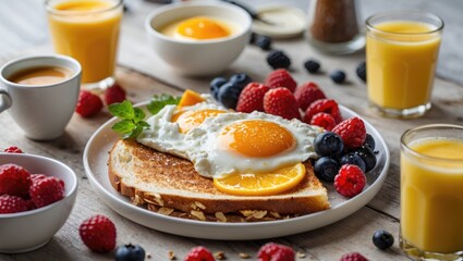 Delicious healthy breakfast with sunny side up eggs on toast, fresh berries, citrus fruits and beverages on a rustic wooden table.