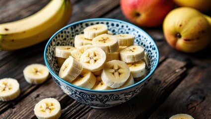 Freshly sliced bananas in a decorative bowl with whole fruits on a rustic wooden table, ideal for healthy lifestyle and nutrition themes.