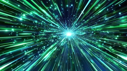 Naklejka premium Abstract green and blue light rays exploding from a central point, creating a dynamic and energetic visual effect.