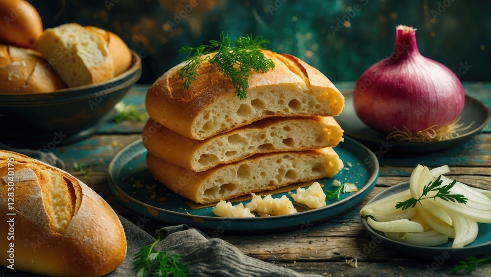 Poster Freshly baked bread loaves with onions and herbs on rustic wooden table showcasing culinary ingredients and presentation ideas