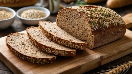 Freshly sliced seeded wholemeal bread on a wooden cutting board showcasing healthy homemade organic grain loaf for breakfast or lunch meal.