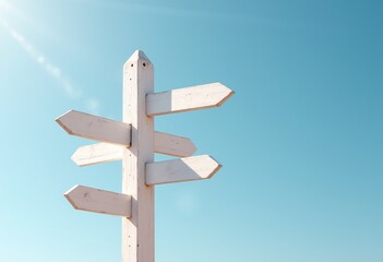 Crossroads of Possibilities: A white wooden signpost with arrows pointing in different directions against a bright blue sky, symbolizing decisions and exploration. Perfect for adventure visuals.

