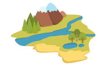 Game flying island with mountain. Platform of exotic nature game island. Colorful flat elements for fantasy computer or mobile game