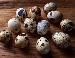 Obraz premium Quail eggs arranged on a wooden surface showcasing varied patterns and colors in natural light