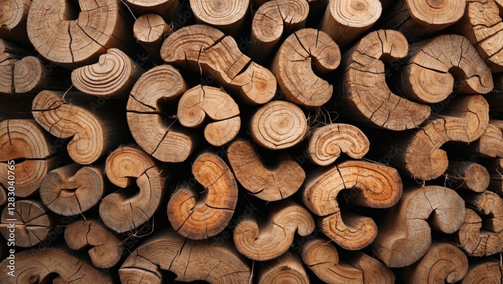 Poster cut trees stacked in an organized manner displaying unique textures and patterns of wooden logs with