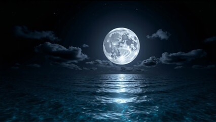 Naklejka premium Mystical Moonlit Ocean – Bright Full Moon Illuminating the Dark Waves of the Sea
