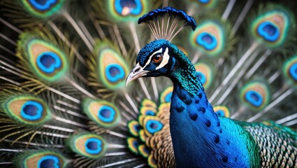 Close-up portrait of a vibrant peacock displaying its colorful feathers with intricate patterns in natural light