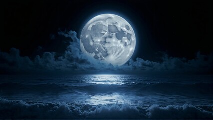 Mystical Moonlit Ocean – Bright Full Moon Illuminating the Dark Waves of the Sea