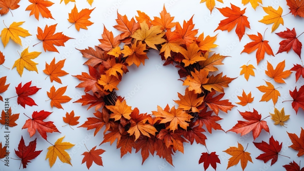 Wall mural Vibrant autumn maple leaf wreath surrounded by scattered colorful leaves on a white background ideal for seasonal decor and design.