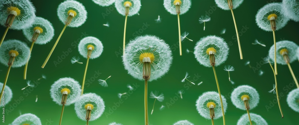 Canvas Prints dandelion flowers on green background with seeds in the air creating a natural garden scene in soft 