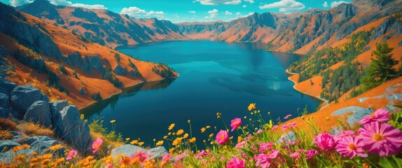 Mountain lake landscape with vibrant flowers in foreground and colorful autumn foliage surrounding calm water under blue sky