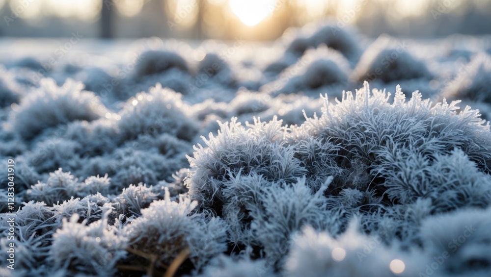 Wall mural frost covered grass and moss with sun rays shining through trees in the background during winter sea
