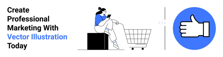 Woman using smartphone seated near shopping cart, thumbs-up approval icon on side. Ideal for e-commerce, digital marketing, online shopping, customer experience, product reviews, branding, flat
