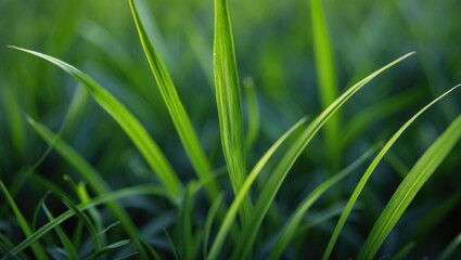 Naklejka premium Green grass blades in natural sunlight with a blurred green background representing lush vegetation and nature.