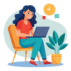 a girl is using his laptop vector	
