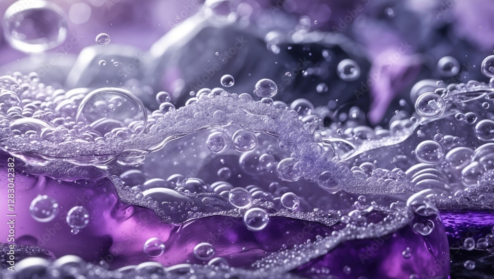 Poster macro shot of bubbles in purple liquid with translucent stones under water, creating abstract visual