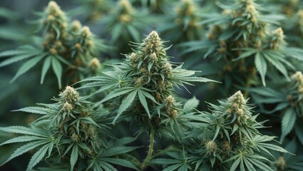 Cannabis plants with blooming buds showcasing vibrant green leaves in a natural growth setting highlighting medicinal properties.