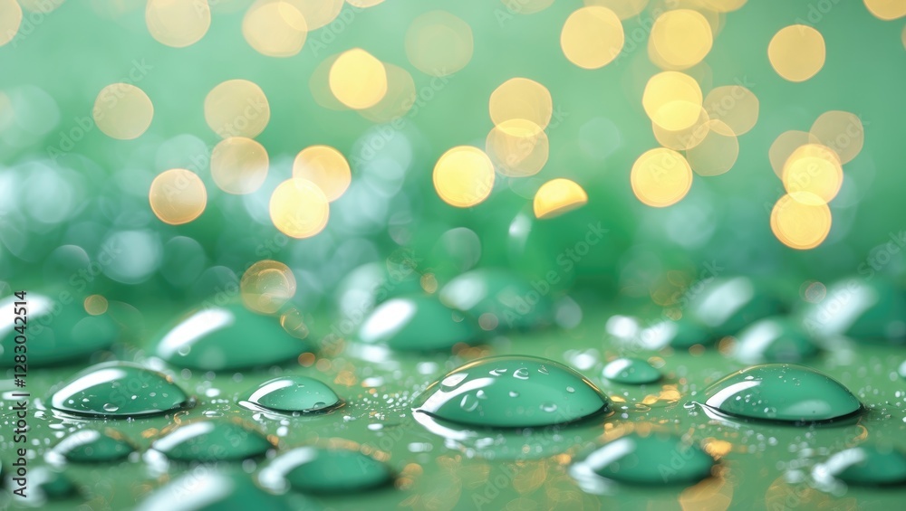 Poster close-up of water droplets on a green surface with blurred bokeh lights in the background creating a