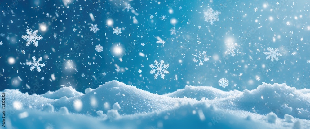 Wall mural snowflakes falling on snowy landscape with blue gradient background illuminated by soft light