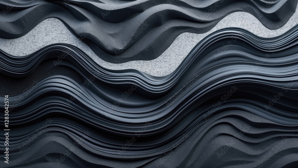 Poster abstract wave pattern in layered black and gray materials creating a three-dimensional texture backg