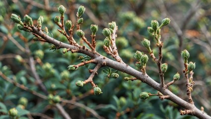 Close-up of a thuja branch with fresh green buds and leaves against a blurred leafy background symbolizing growth and renewal in nature.