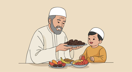 A loving moment during Ramadan as an elderly man shares traditional sweets with a young boy, symbolizing family and tradition.