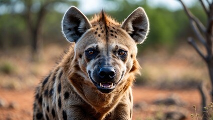 Naklejka premium Ferocious hyena captured in its natural habitat showcasing the distinctive features of this unique carnivorous mammal in African wilderness.