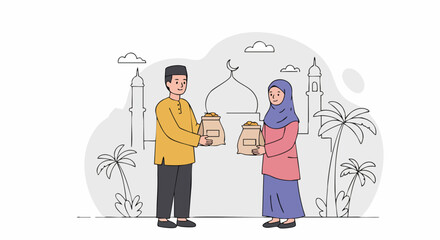 Muslim man and woman exchanging gifts during Ramadan with mosque silhouette in background symbolizing community and generosity