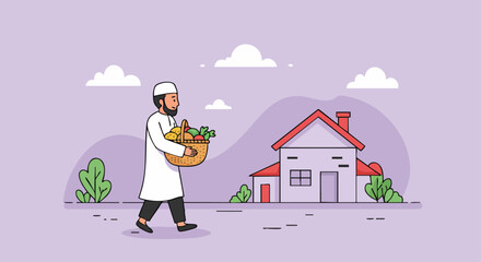 Illustration of a Muslim man carrying a basket of goods, walking towards a house, symbolizing community and generosity during Ramadan.