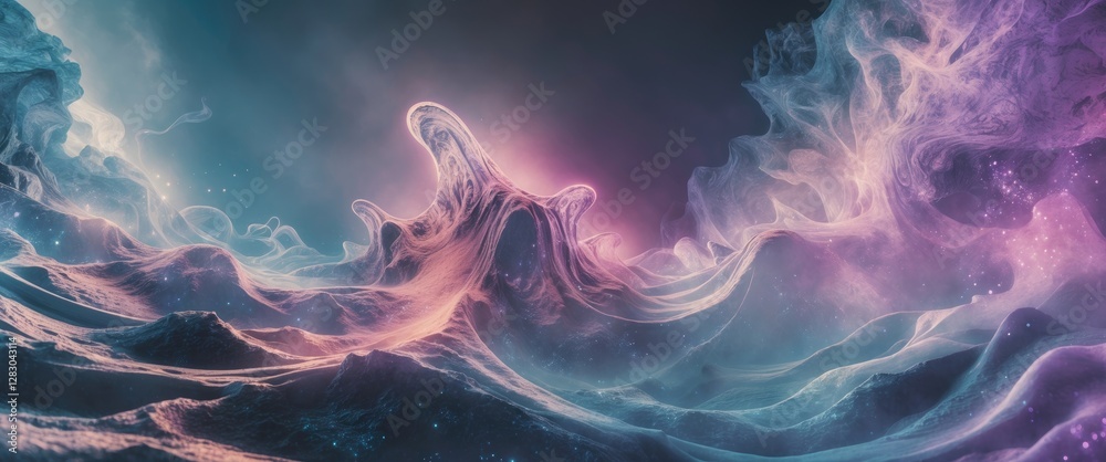 Poster abstract colorful waves with soft textures and glowing effects against a dark background representin