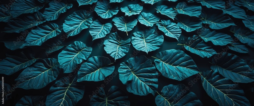 Canvas Prints close-up of dark green tropical leaves arranged in a flat pattern with contrasting light and shadows