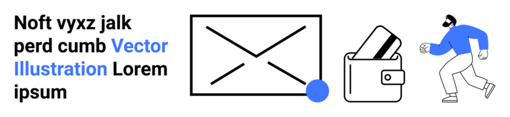 Digital envelope for email notifications, wallet with credit card, running person. Ideal for online payments, security alerts, fintech, email marketing, transaction notifications, digital wallets