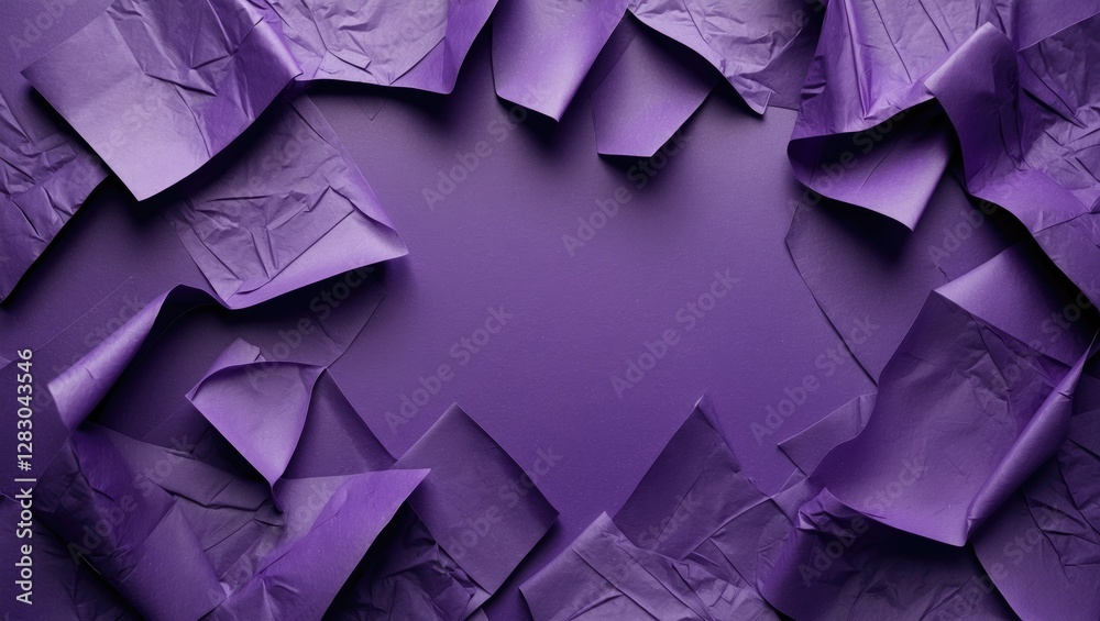 Poster purple crumpled paper background with irregular edges creating a textured frame around a central emp