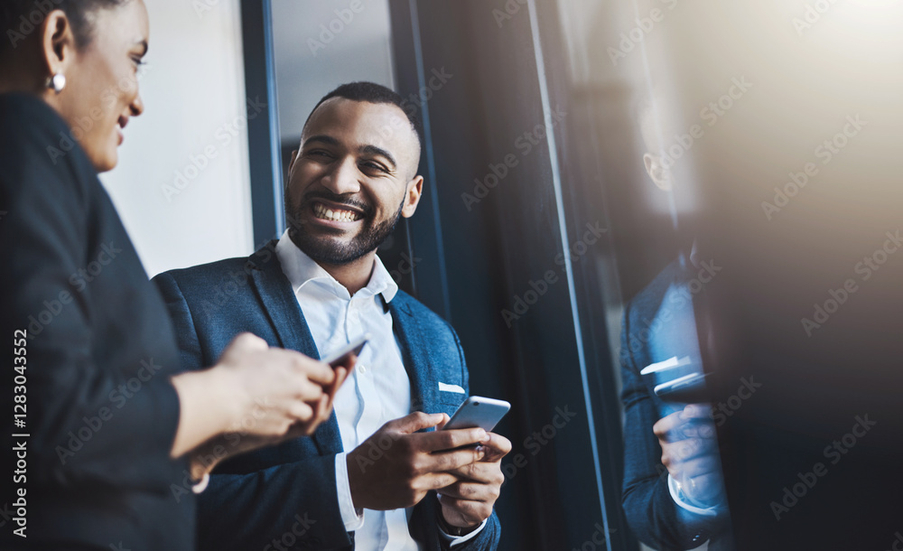 Aufkleber happy, business and people with phone connection for text message, networking and sharing informatio