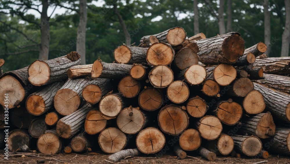 Poster stacked logs in a forest setting with visible tree rings and bark texture surrounded by greenery in 
