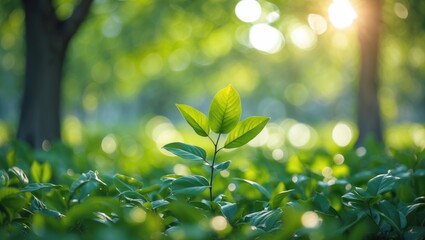 New green leaves sprouting amidst lush foliage with soft sunlight filtering through trees in a serene natural environment.