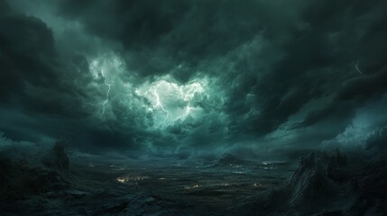 Naklejka premium A dark, stormy sky with black clouds, bright flashes of lightning, and a wide-angle view of the landscape below. It represents various weather phenomena like storms, typhoons, and thunderstorms.