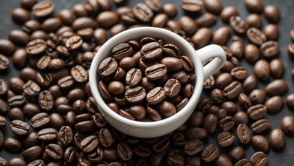 Brown Coffee Beans in a White Cup Surrounded by Roasted Coffee Beans on Dark Background Perfect for Coffee Related Content