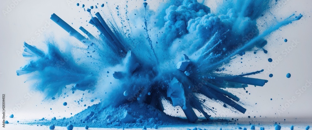 Poster Blue color explosion creating a cloud of powder and particles against a white background with dynamic movement and texture