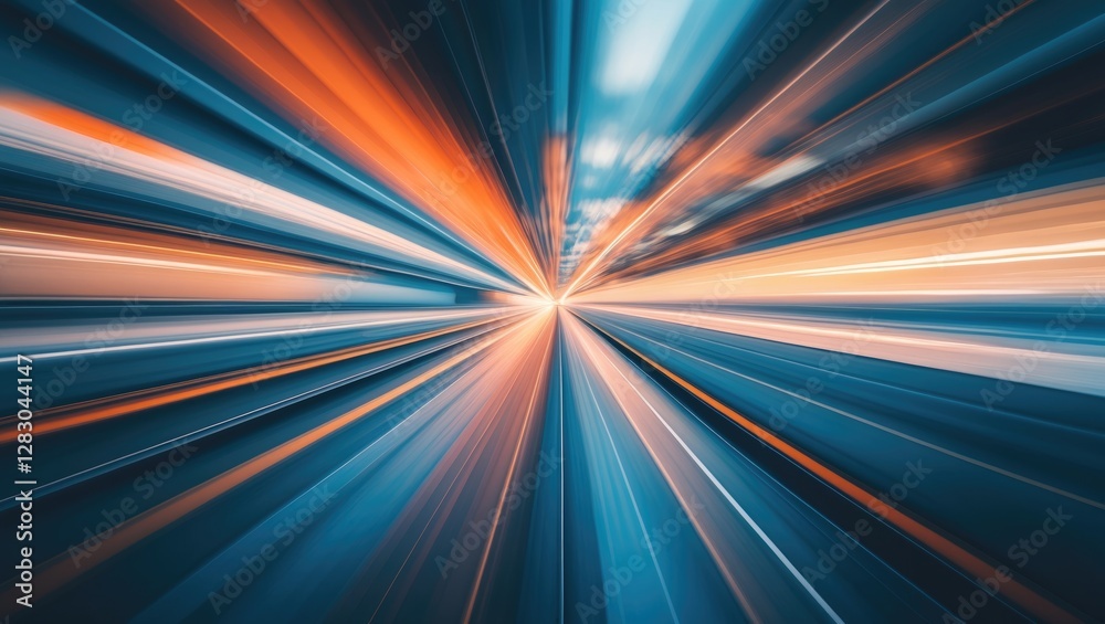 Poster abstract motion blur image with dynamic light trails in blue and orange color tones creating a sense